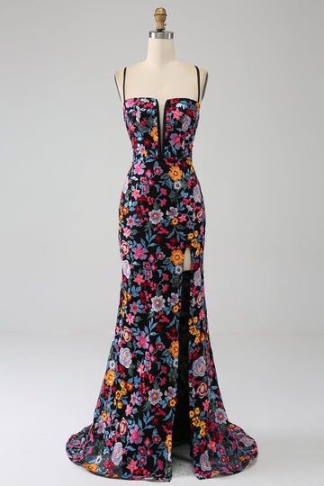 Mermaid Spaghetti Straps Black Flower Embroidered Formal Dress With Side Slit